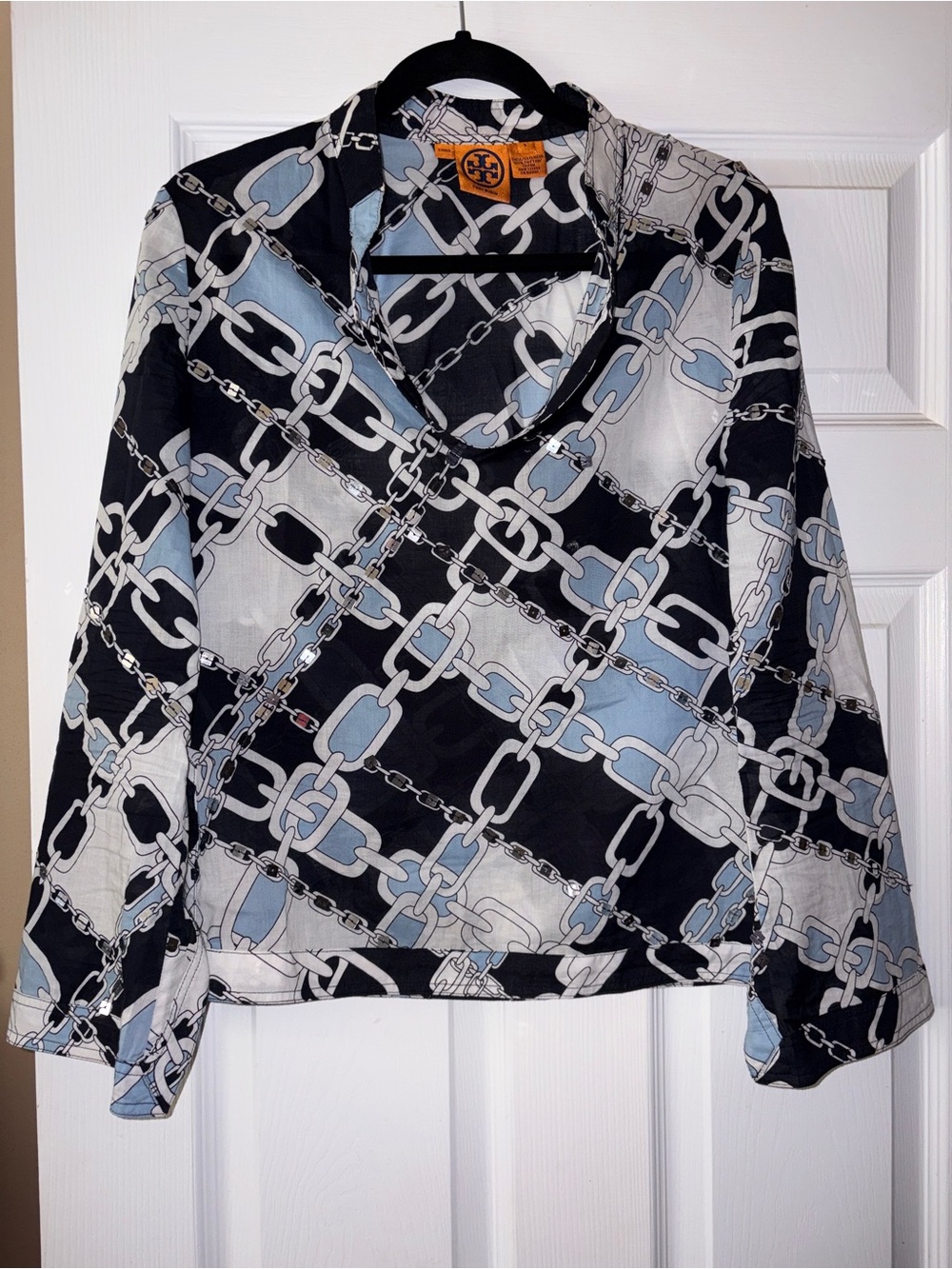 Tory Burch Light Blue, Navy & White with sequin like Chain-link Print Tunic Top